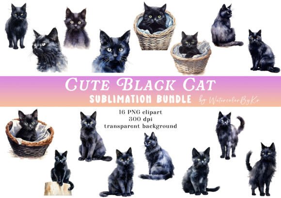 Download Watercolor Cute Black Cat Bundle Clipart - Cat bundle Collection